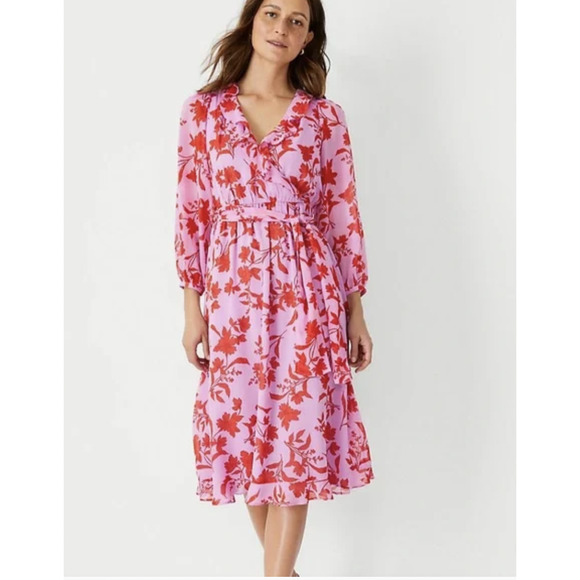 Ann Taylor Dresses & Skirts - NWT ANN TAYLOR Floral Faux Wrap Ruffle Midi Dress Pink Red Size 16